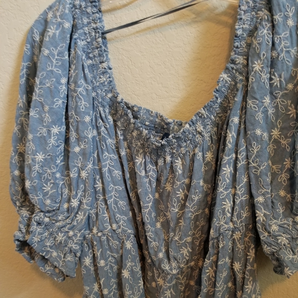 Old Navy Blue Blouse with White Floral Embroidery